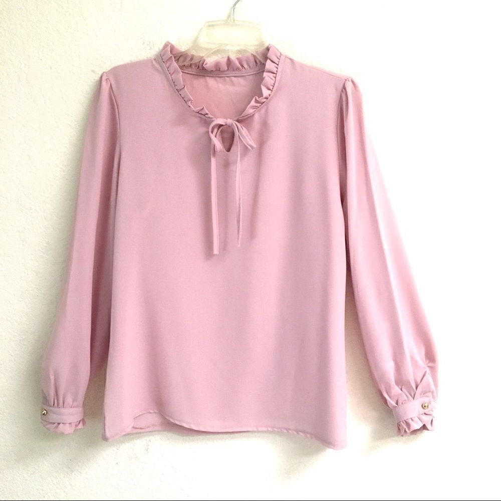 ‎Vintage tie ruffled neck pink blouse L